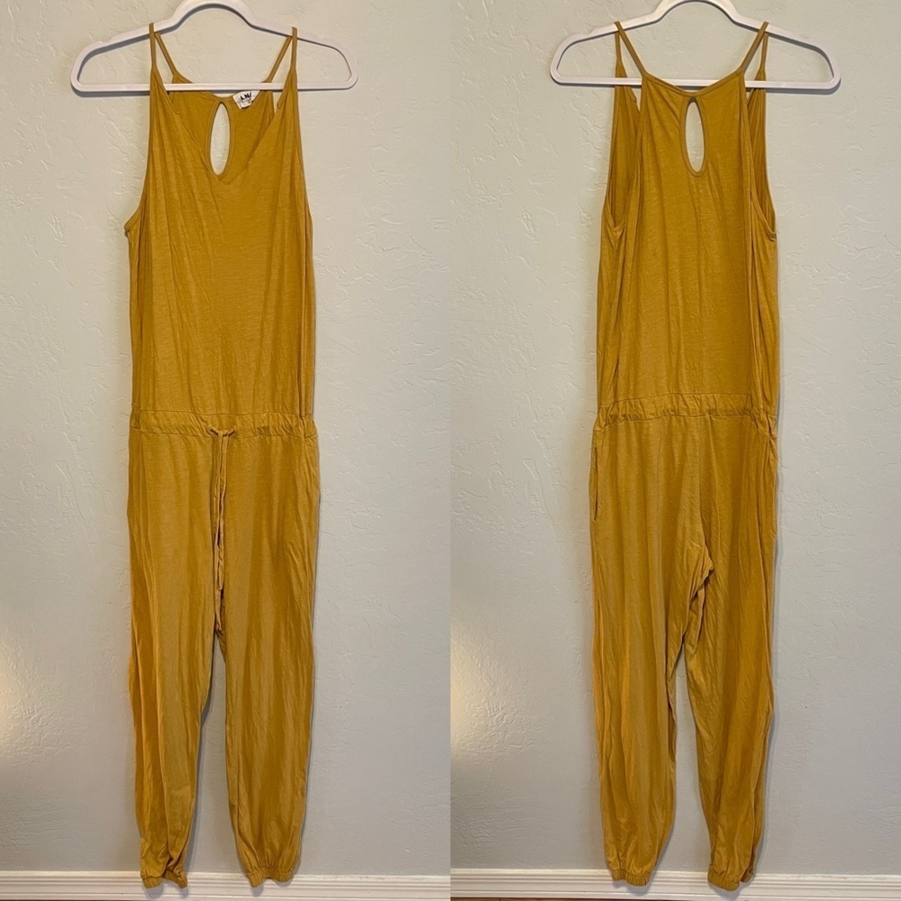 LNA Pixie Jumpsuit Mustard Yellow Cotton Drawstring Keyhole Back XS